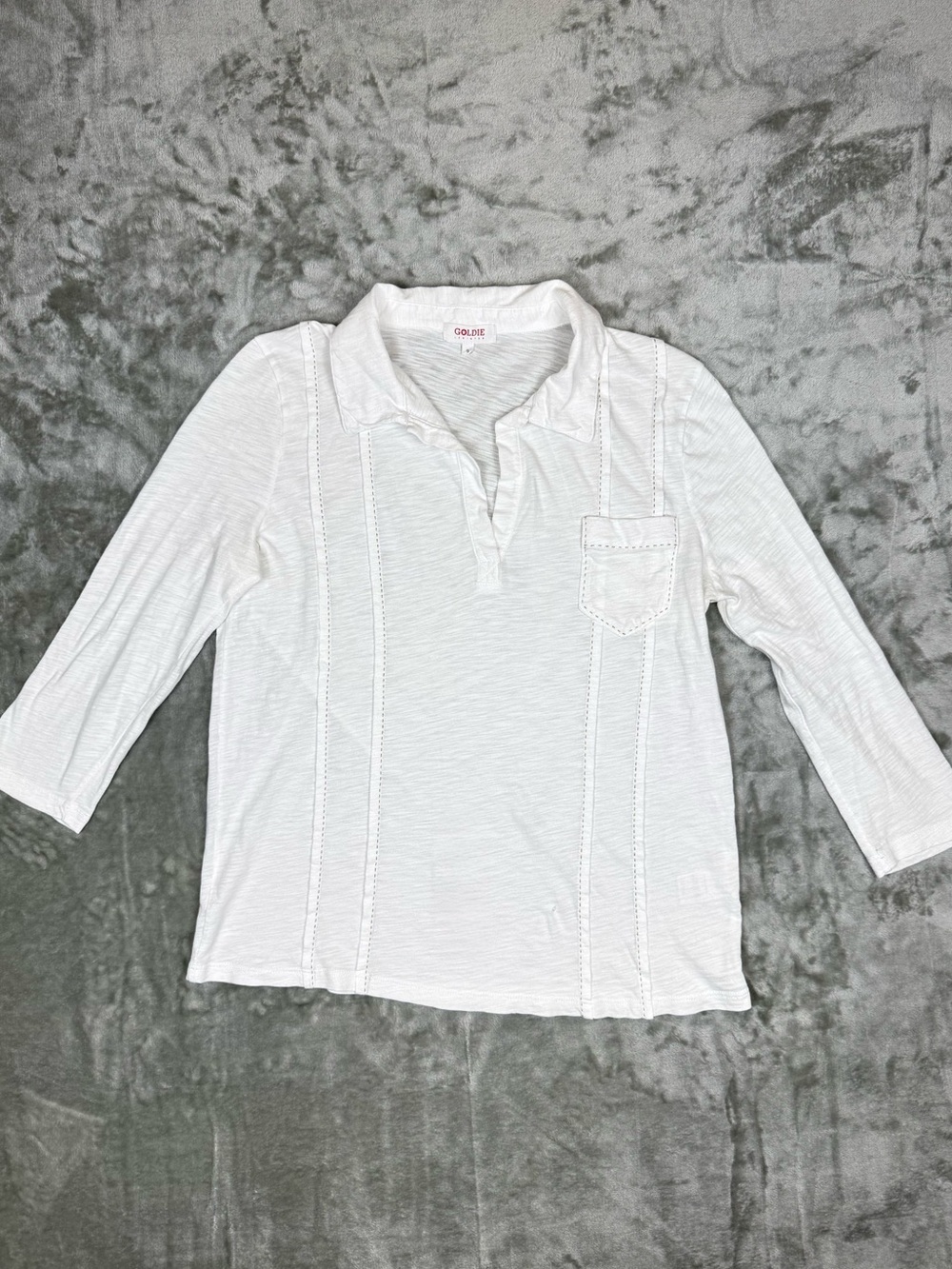 Goldie Lewinter White Slub Polo Top 3/4 Sleeve Semi Sheer Pima Cotton Small